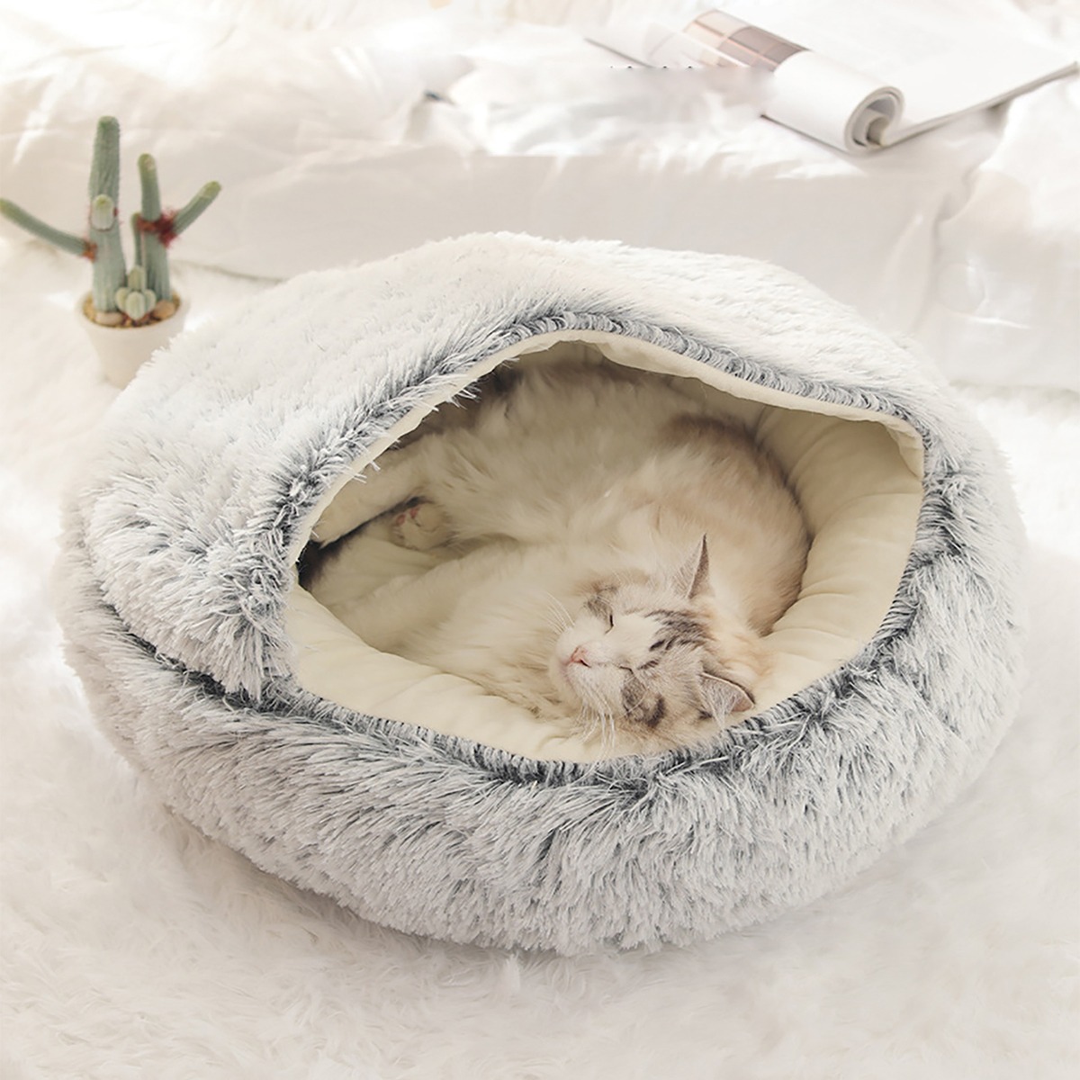 Cat-Bed-Round-Plush-Fluffy-Hooded-Cat-Bed-Cave-Cozy-for-Indoor-Cats-or-Small-Dog-1