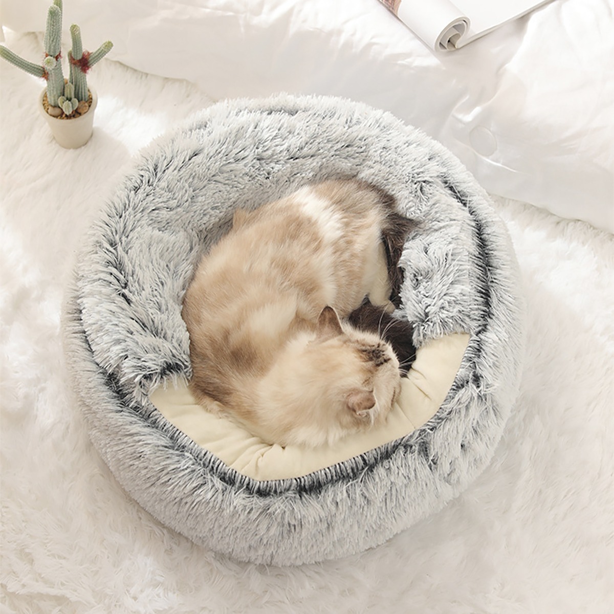 Cat-Bed-Round-Plush-Fluffy-Hooded-Cat-Bed-Cave-Cozy-for-Indoor-Cats-or-Small-Dog-4