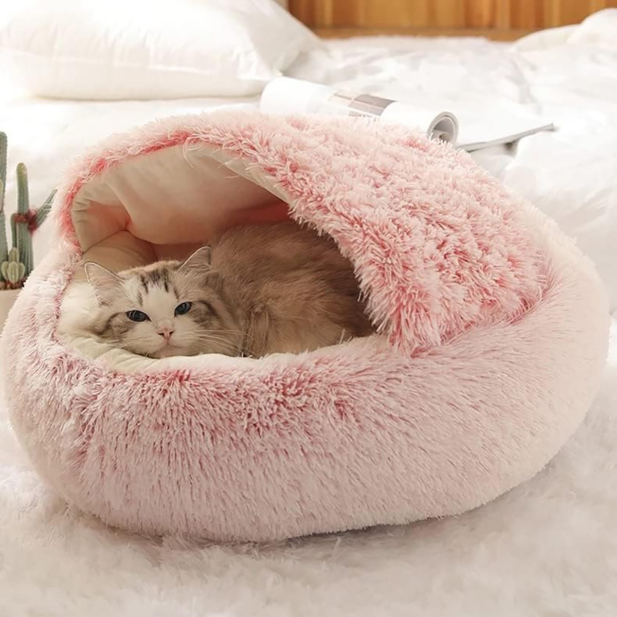 Cat-Bed-Round-Plush-Fluffy-Hooded-Cat-Bed-Cave-Cozy-for-Indoor-Cats-or-Small-Dog-5